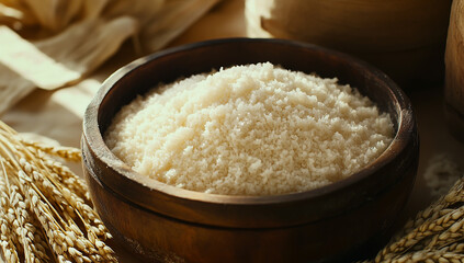 A wooden bowl filled with rice flour, with grain ears placed next to it and wheat on the table