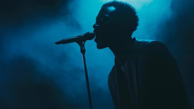 Silhouetted singer performing with a microphone in smoky blue ambience
