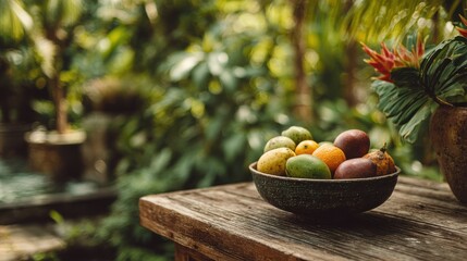 Bowl of fresh tropical fruits on outdoor wooden table with garden plants, copyspace top