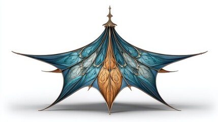 Fototapeta premium Ornate canopy structure with blue and gold designs sits on white backdrop.