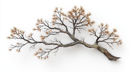 An artistic bare tree branch with dried needles is set against white background.