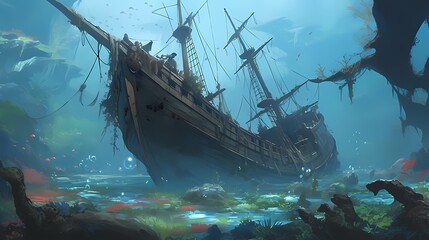 Anime style sunken pirate ship, underwater scene, marine life, ocean.