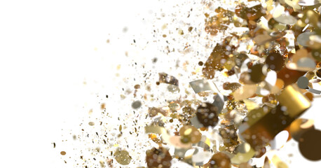 Abstract gold confetti explosion on white. Perfect for holidays, parties, and celebrations.