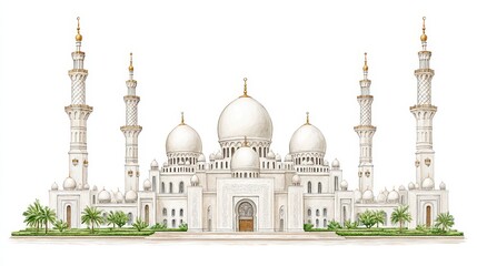 Obraz premium Watercolor illustration shows iconic Sheikh Zayed Mosque in Abu Dhabi.