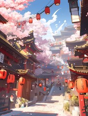 Serene Japanese scene with cherry blossoms, traditional buildings, red lanterns, anime style.