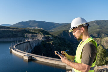Engineer inspecting a hydroelectric dam for renewable energy