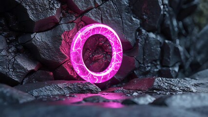 Glowing pink neon ring floating above rugged rocky surface in dark cave with mystical light casting eerie shadows on stone walls - Powered by Adobe