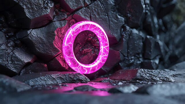 Glowing pink neon ring floating above rugged rocky surface in dark cave with mystical light casting eerie shadows on stone walls