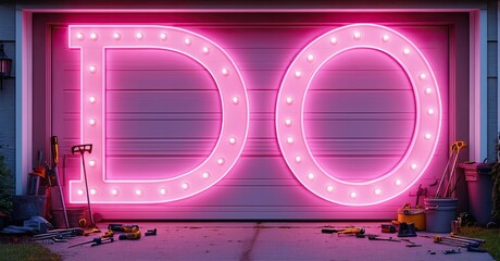 Bright pink neon sign spells DO over garage door. Tools scattered on driveway suggest ongoing home improvement project. Night scene.