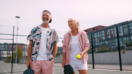 Happy senior couple enjoying pickleball outdoors in pastel sportswear. Active lifestyle, summer leisure, and fun retirement moments on a modern city court.