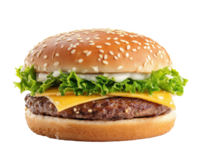 Delicious hamburger with lettuce and cheddar cheese for meal enjoyment on a transparent background, cut out