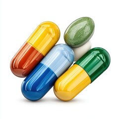 Multicolored assortment of pharmaceutical pills and capsules on white surface