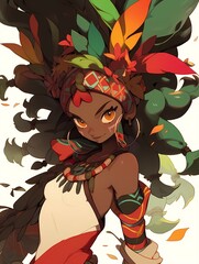 A vibrant, tropical-inspired animated character illustration, with dark skin and hair adorned with colorful feathers and leaves, wearing a bold outfit with intricate designs.