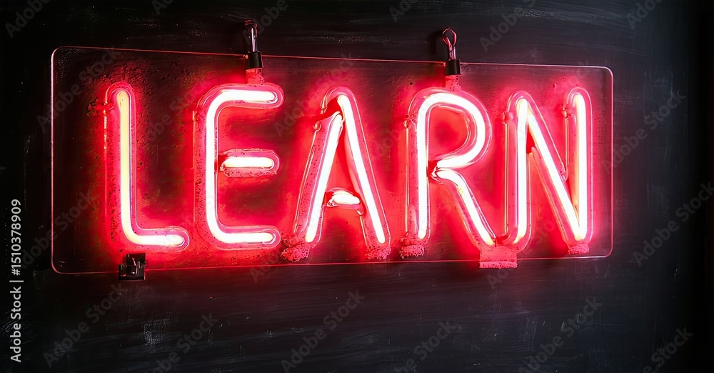 Poster Bright red neon sign spells LEARN. Dark background emphasizes glowing text. Simple design, impactful message, modern aesthetic.