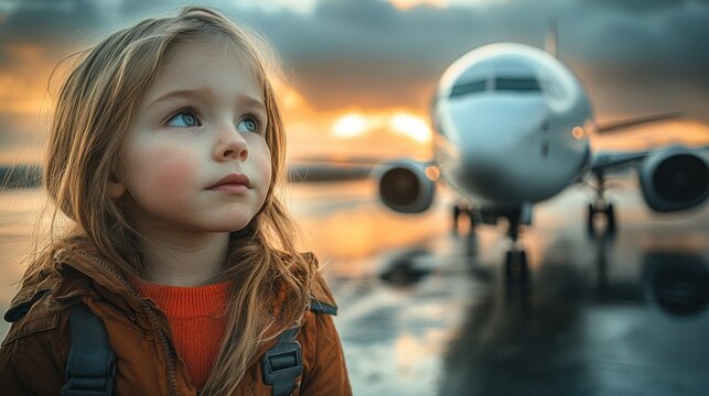 Child at airport, gazing at airplane - Powered by Adobe