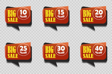 Set of discount stickers, price tags with percentages.