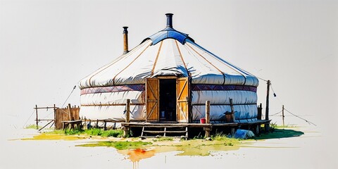 Yurt house nomadic watercolor painting on plain white background