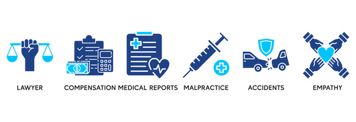 Personal injury law icon set vector illustration concept relate to lawyer, compensation, medical reports, malpractice, accidents and empathy