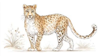 Obraz premium Watercolor leopard stands confidently with floral details on white page.