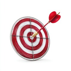 A red dart perfectly hits the center of a red and white on white