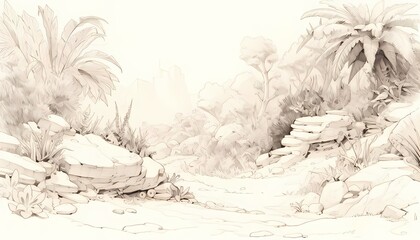Monochrome pencil drawing, desert oasis, winding path, rocks, exotic plants, mountains.