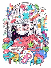 Distressed young girl anime character illustration with colorful hair ornaments, bandage on forehead, sitting amidst vibrant objects and symbols, tear mark. Emotional digital art.