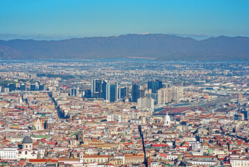 Panoramic view of the metropolitan area of Naples, the suburbs and the mountains to the northeast of the city.
