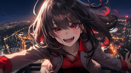 Anime Girl Character on City Rooftop at Night