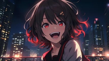 Anime girl in sailor style school uniform standing on rooftop, city lights at night.