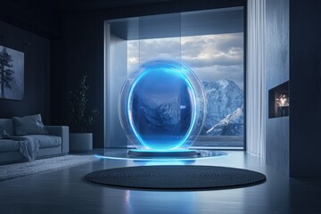 Fototapeta premium Futuristic portal device in a modern living room with mountain view at dusk