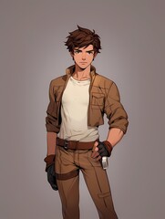 Anime young man with brown hair and blue eyes, confident pose, white background.