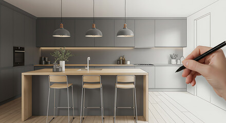 Modern Kitchen Design Concept Drawing Process Render Sketch