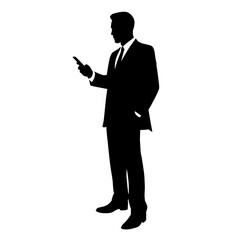 Silhouette of a man in a suit looking at a mobile phone on white  isolated on transparent background, no background