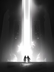 Two figures stand in silhouette, poised at the entrance of a towering structure, bathed in radiant light, as they prepare to step into the unknown.