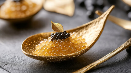 Luxury Gourmet Caviar Presentation with Golden Leaf Detail - Elegant Fine Dining Styling for Premium Culinary Marketing