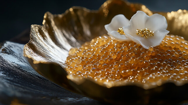 Luxury Gourmet Caviar Presentation with Golden Leaf Detail - Elegant Fine Dining Styling for Premium Culinary Marketing