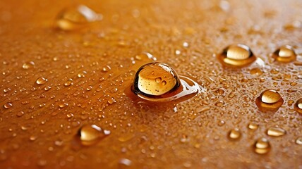 Macro Photography Water Droplets on an Amber Surface
