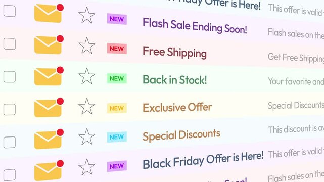 Sales and promotions email list scrolling 4k animation, free shipping, marketing, business strategy. E-commerce, online shopping, email marketing, Special discount mail.