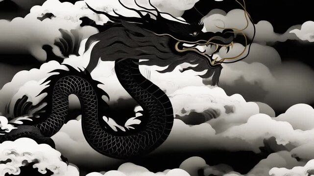 墨絵の龍が雲を舞う白黒ループ動画