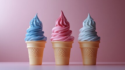 Three colorful ice cream cones with sprinkles against a soft pink background high resolution image