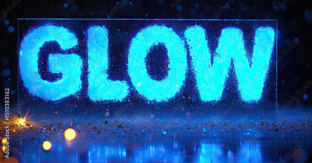 Poster bright blue text spells glow over dark background. sparkling lights create luminous effect, reflecti