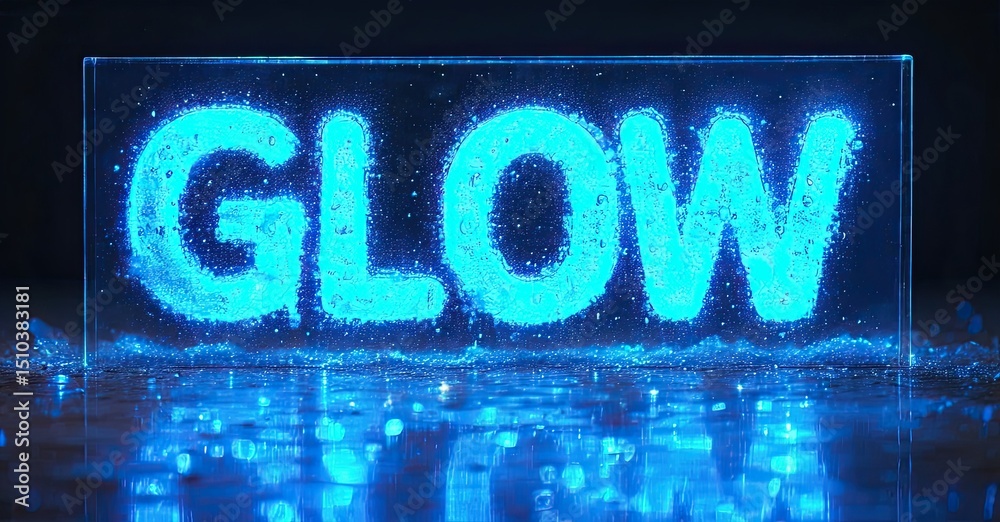 Leinwandbilder bright blue glow text inside illuminated rectangular prism. reflections visible on dark surface belo