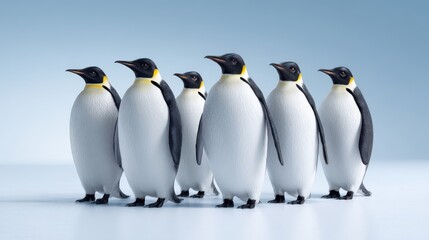 Fototapeta premium Group of Emperor Penguins Standing Together on a Blue Background
