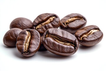 Obraz premium Roasted coffee beans closely arranged on a white background showcasing rich textures and colors