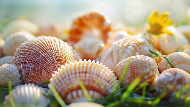 Pile of Orange and White Seashells on Green Grass in Bright Sunlight for a Natural Summer Themed Background