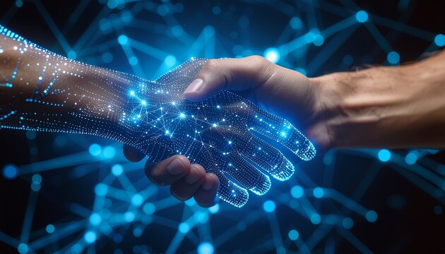 Human and digital hand shaking with glowing network nodes
