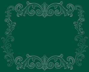 Horizontal Frame of ornate vintage Victorian style. dark green classic calligraphy swirls. Design print for greeting cards, wedding invitations, restaurant menu, royal certificates. Vector hand drawn.