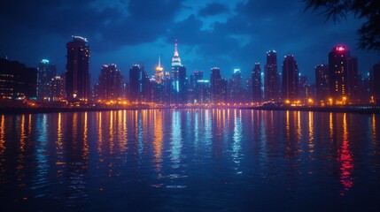 Fototapeta premium City skyline at night reflected on water
