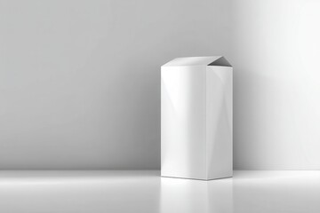 Minimalistic White Package Standing Against a Light Gray Wall in a Softly Lit Environment, Highlighting Clean Lines and Contemporary Design Elements