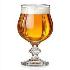 Golden beer is poured into a unique glass on an isolated white background.